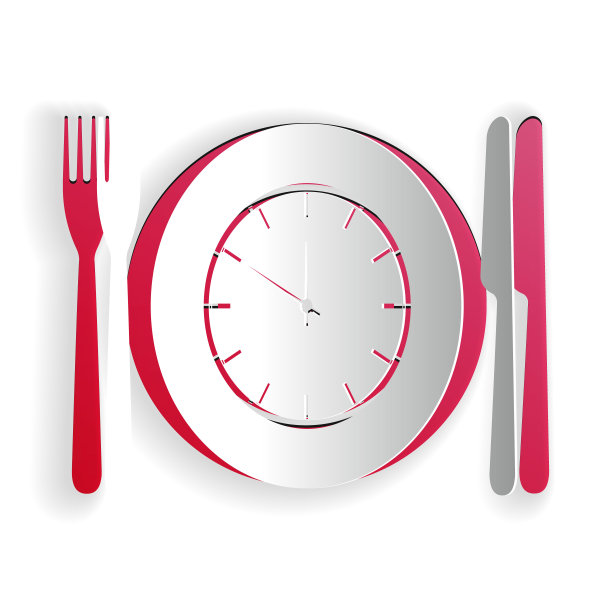 剪纸板与时钟，叉子和刀图标孤立在白色背景。午餐时间。饮食、营养制度、用餐时间及饮食观念。纸艺术风格。向量图片下载