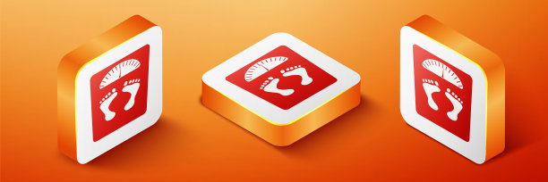 等距浴室秤与脚印图标隔离在橙色背景。体重测量设备。体重秤健身运动概念。橙色平方按钮。向量图片下载