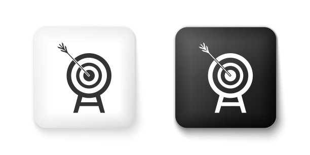 黑白目标与箭头图标隔离在白色背景。飞镖靶信号。射箭板图标。圆靶信号。业务目标的概念。方形按钮。向量图片下载