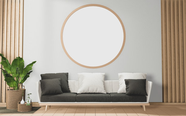 热带室内，沙发和植物装饰木地板。三维渲染图片下载