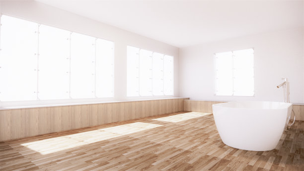 浴室内设浴缸，墙壁白色，木地板。三维渲染图片下载