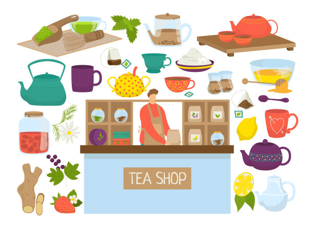 孤立矢量图茶套。茶壶，mutcha，水壶收藏的图标。茶包，茶具，玻璃杯。茶点时间的仪式符号。图片下载