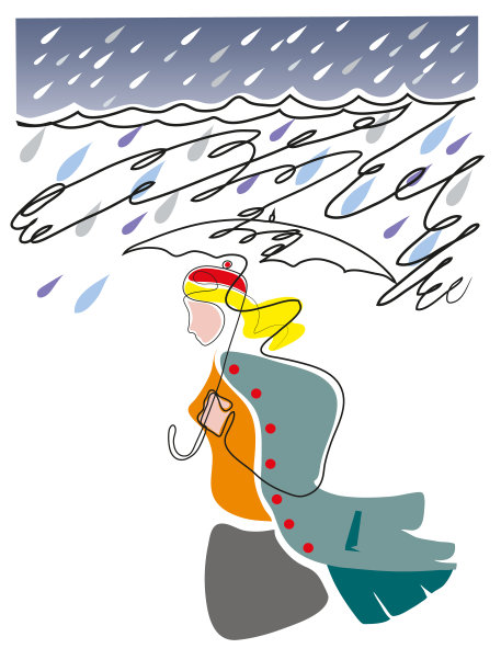 一幅连续的线条画，画的是一个年轻女子打着伞独自走在街上。图片下载