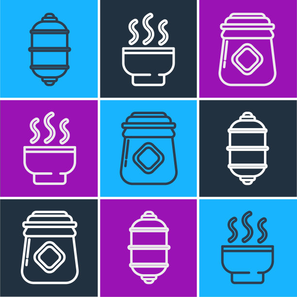 摆列中国纸灯笼，蜂蜜罐和中国茶道图标。向量图片下载