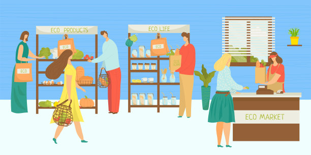 生态市场，人们在有机商店矢量插画。卡通水果食品在杂货店、蔬菜店零售。平坦的地方图片下载