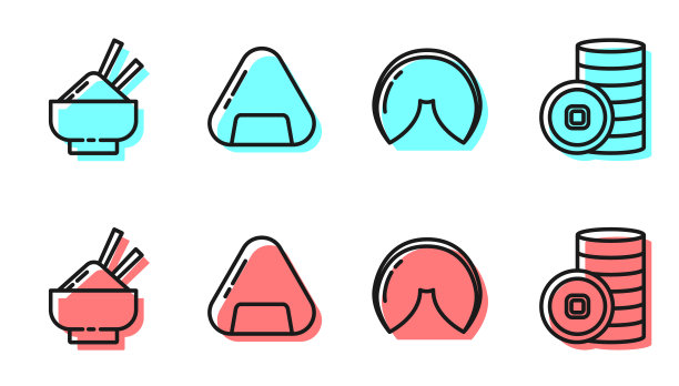 摆列中国幸运饼干，碗里米饭配筷子，寿司和人民币货币图标。向量图片下载