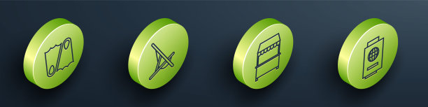 设置等距橡胶脚蹼，日光浴床，街道摊位与遮阳棚和护照与票图标。向量图片下载