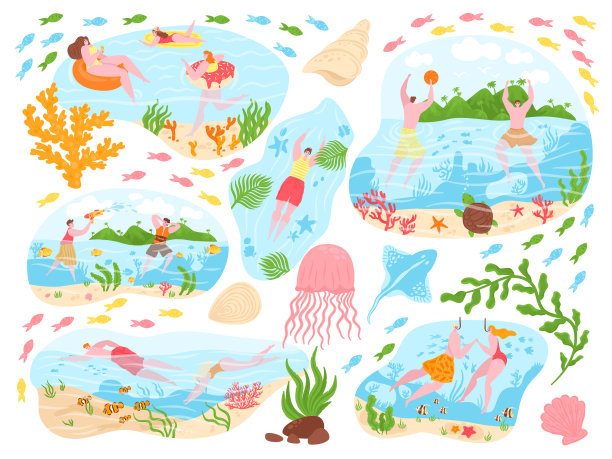 人游泳，夏季活动矢量插图设置，卡通平面活跃快乐的男人女人人物潜水在水下孤立的白色图片下载