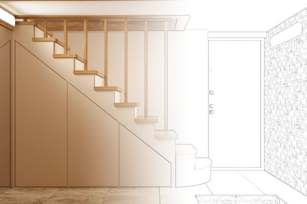 这个草图变成了一个真正的米色大厅，有一个入口，一个楼梯对面的砖墙，石头地板。沿着楼梯有一个储物空间。前视图。图片下载