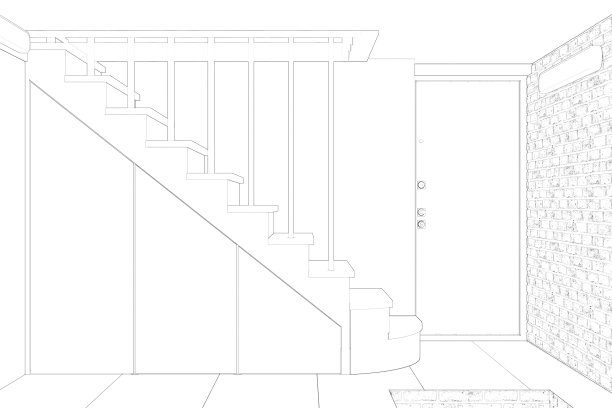 米色大厅的草图，有一个入口，一个楼梯对面的砖墙，瓷砖地板。沿着楼梯有一个储物空间。前视图。图片下载