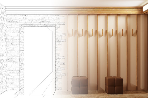 这个草图变成了一个真正的米色大厅，门口有砖镶边，旁边有两个蒲团，石头地板。前视图。图片下载