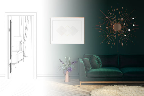草图变成了一个真正的绿色房间，门是开着的。一束酒花放在绿色沙发旁边的镶木地板上。在镜子旁边的墙上有一张水平的海报。图片下载