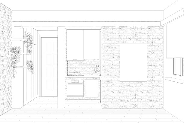 一个房间的内部草图，有梁和柱，在砖墙上有一个垂直的海报，瓷砖地板，架子上有植物。后面是厨房。图片下载