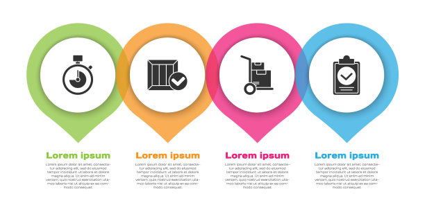 设置秒表，带检查标记的木箱，手推车和箱子，并验证发货清单剪贴板。业务信息模板。向量图片下载