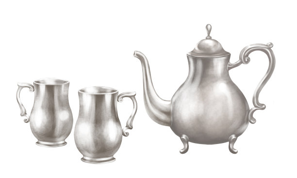插图的一个银茶壶与两个银杯子图片下载