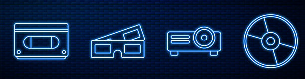 设置线电影，电影，媒体放映机，VHS录像带，3D电影眼镜和CD或DVD光盘。砖墙上发光的霓虹灯图标。向量图片下载
