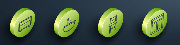 在房间图标中设置等距抽屉柜，带水龙头的脸盆，椅子和窗户。向量图片下载