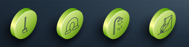 设置等距拖把，工业金属管，淋浴和废水图标。向量图片下载