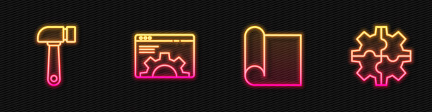 工程用图纸、锤子、浏览器设置和齿轮。发光的霓虹灯图标。向量图片下载