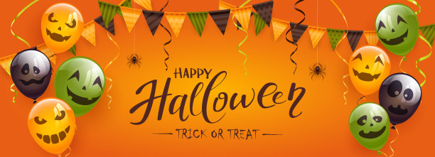 万圣节气球与蜘蛛和三角旗在橙色的背景图片下载
