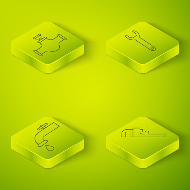 设置等距扳手扳手，水龙头，管道活动扳手和工业管道和阀门图标。向量图片下载