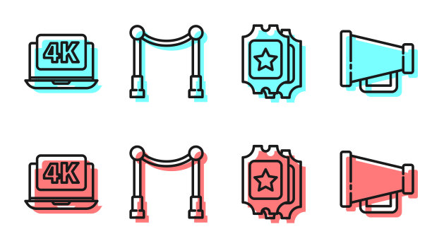 设置线电影票，笔记本电脑4k视频，地毯护栏和扩音器图标。向量图片下载