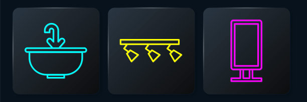 设有设有水龙头的洗脸盆，大的全长镜和Led轨道灯和灯具。黑色方形按钮。向量图片下载