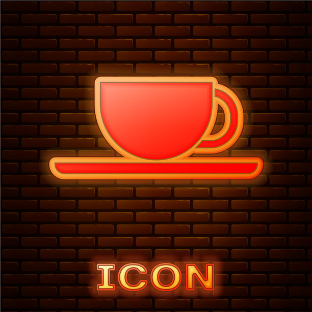 发光的霓虹灯咖啡杯图标孤立在砖块上图片下载