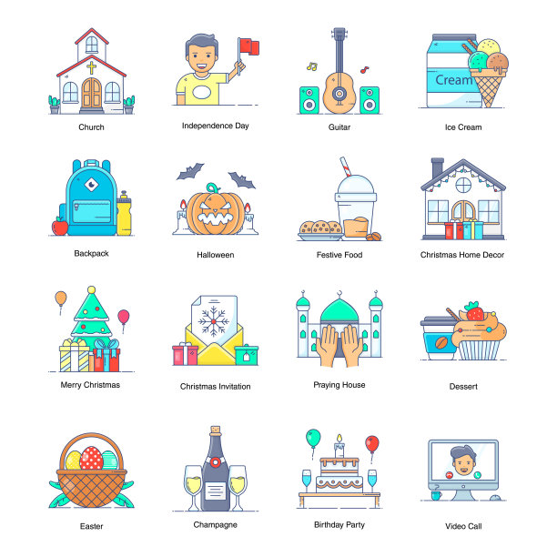 派对和庆祝图标在现代扁平风格包图片下载