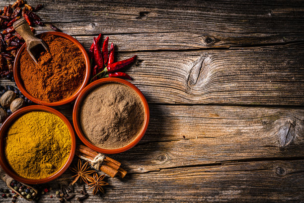 印度香料背景:肉桂粉，辣椒粉和姜黄图片下载