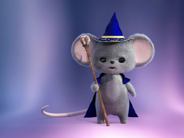 一个可爱的微笑鼠标向导的3D渲染。图片下载