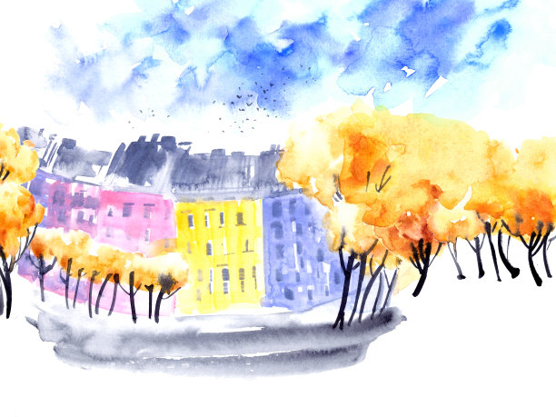 手绘水彩城市草图图片下载