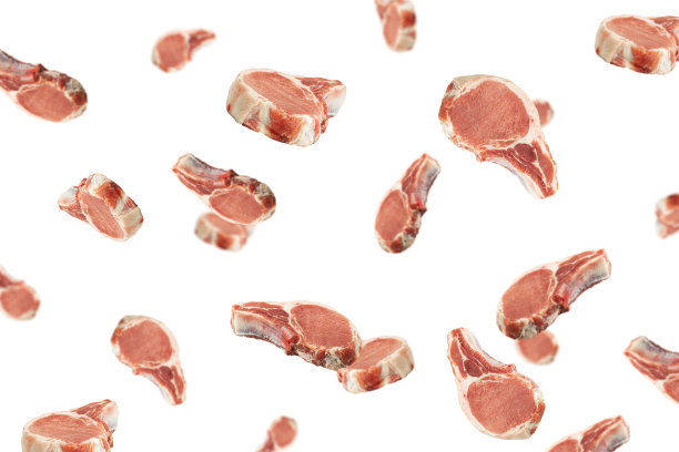 白背景上的生牛排。会飞的牛排图片下载