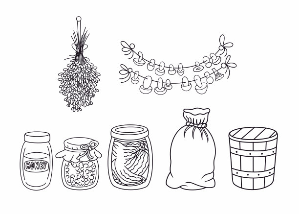 一套农家食品储藏室设备。玻璃瓶，木桶，粗麻布帆布袋，干薰衣草和蘑菇图片下载