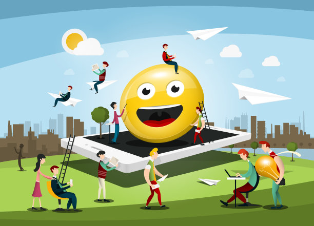 打造手机大笑脸的创意业务团队图片下载