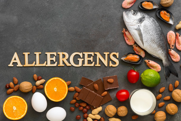 食品过敏原。海鲜，牛奶，巧克力，坚果，柑橘类水果，鸡蛋。过敏食物的概念。俯视图，平放，复制空间。图片下载