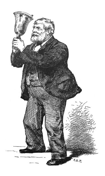 古色古香的插图——穿着西装的大个子男人用两只手摇着一个大铃铛图片下载