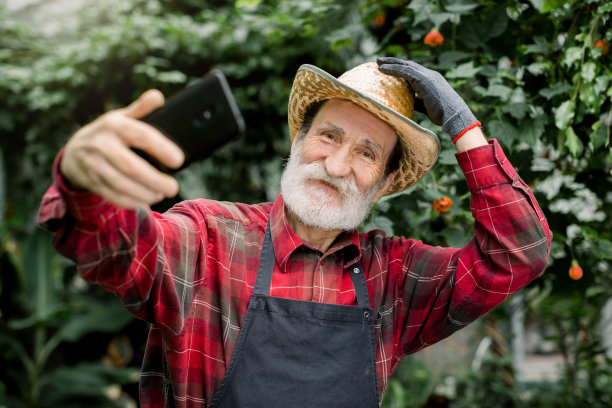 愉快积极快乐的老人园丁草帽，摆姿势在美丽的温室与异国情调的植物和棕榈树，同时自拍照片或显示视频使用他的智能手机。图片下载