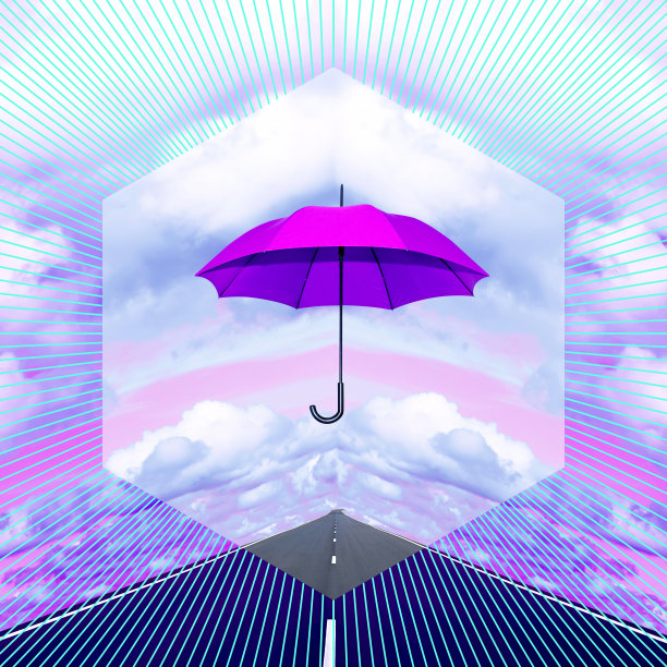 当代拼贴。撑伞拐杖的紫色在六边形的背景下衬托着天空与云彩和道路。秋天的概念,保护。图片下载