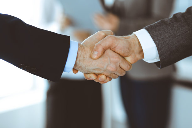 商务人士在会议或谈判后与同事握手。一群不知名的商人和女性在现代办公室。团队合作，伙伴关系和握手的概念，色调图片图片下载