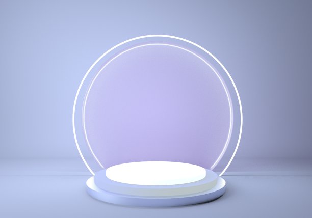 3d基座，圆柱体平台，闪亮的金属裙台与圆形霓虹框架。空白产品展示架。表现阶段。图片下载