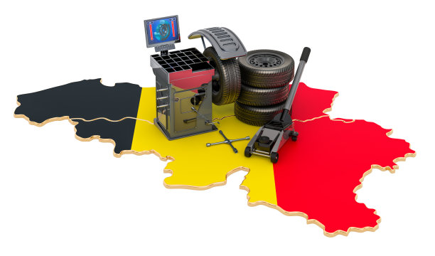 轮胎装配和汽车服务在比利时的概念。3D渲染孤立的白色背景图片下载