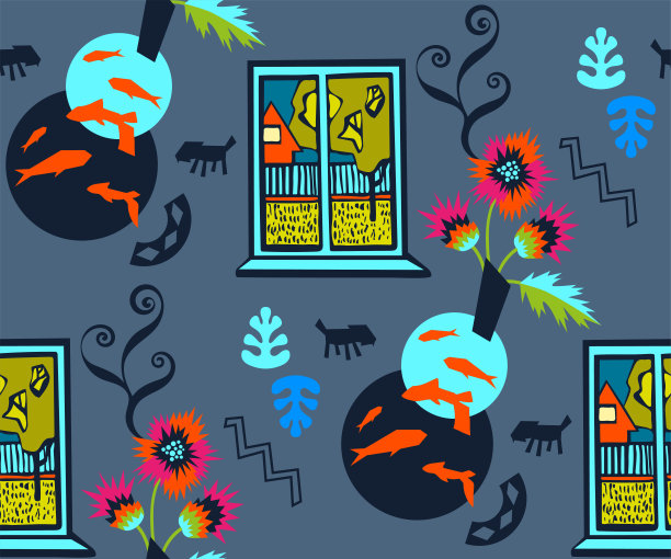 手绘矢量平面窗口与景观。手绘墨水插图。现代装饰装饰背景。矢量模式。印刷纺织品，布料，墙纸，剪贴簿图片下载