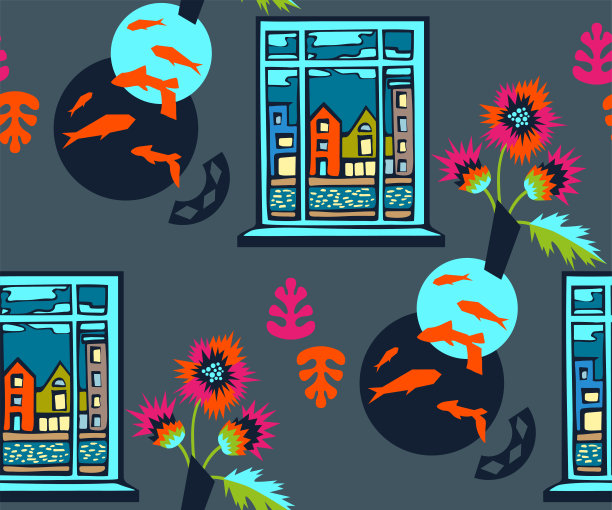 手绘矢量平面窗口与景观。手绘墨水插图。现代装饰装饰背景。矢量模式。印刷纺织品，布料，墙纸，剪贴簿图片下载