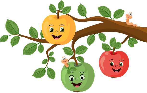 卡通有趣的苹果和虫子在树枝上图片下载