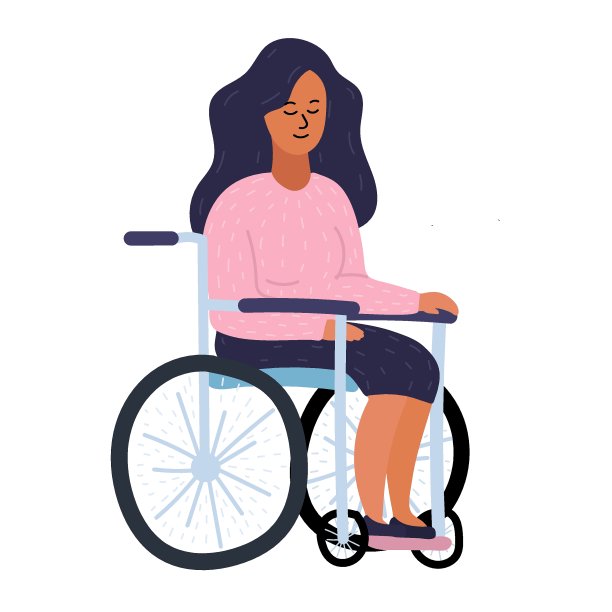 年轻女子坐在轮椅上。残疾和社会责任。穿粉红色毛衣的黑头发女孩。孤立在白色背景上。图片下载