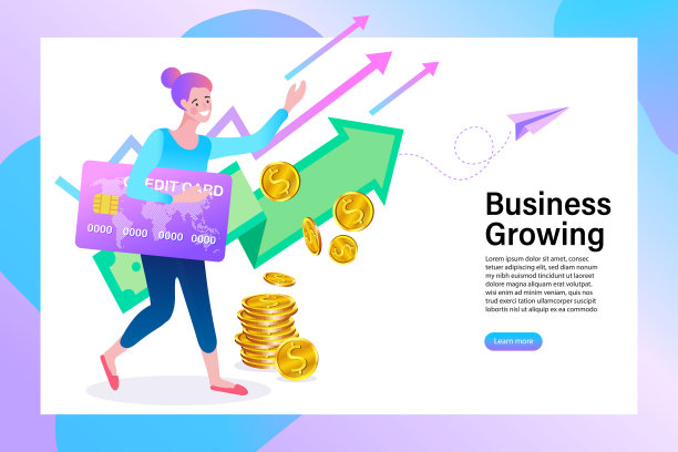 幸福的女人拿着信用卡。业务增长和省钱信息图设计，矢量插图。图片下载