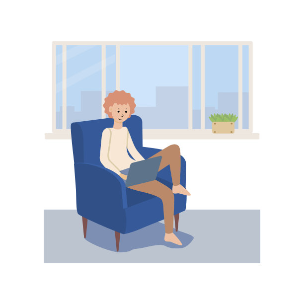 一个男孩坐在靠窗的椅子上，手里拿着一台笔记本电脑。一个红头发的年轻人正在家里学习。图片下载