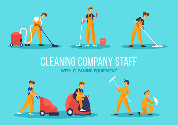 清洁公司工人使用专业工具:拖把、吸尘器、擦洗机等。图片下载