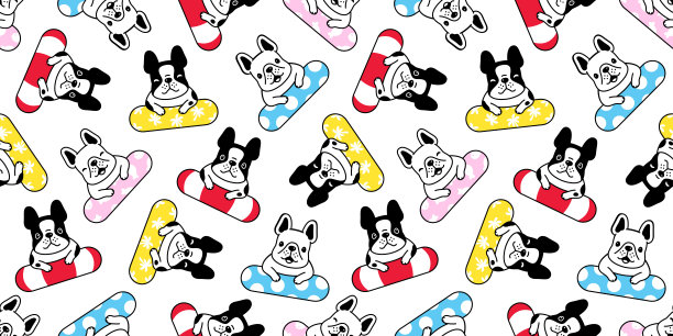 狗无缝图案法国斗牛犬游泳环池海洋海滩宠物小狗品种向量重复墙纸瓷砖背景围巾孤立的卡通动物涂鸦插图设计图片下载